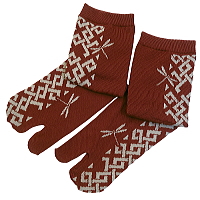 お祭り！和柄足袋ソックス！クルー丈！格子柄にとんぼ（小豆色）